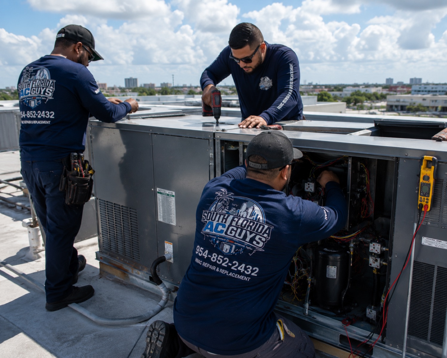 South Florida AC Guys crew servicing a rooftop commercial AC unit