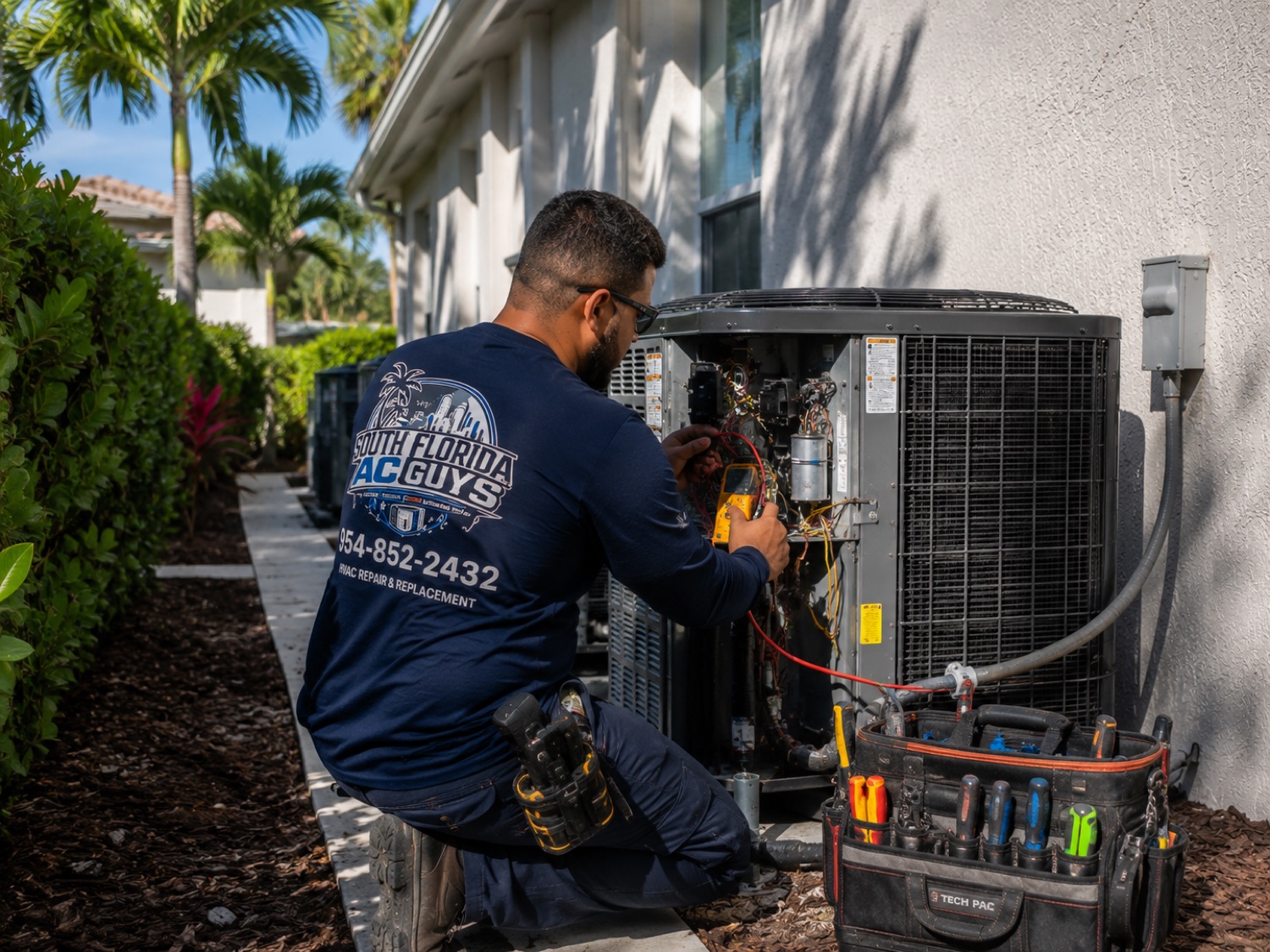 South Florida AC Guys technician repairing an outdoor AC condenser