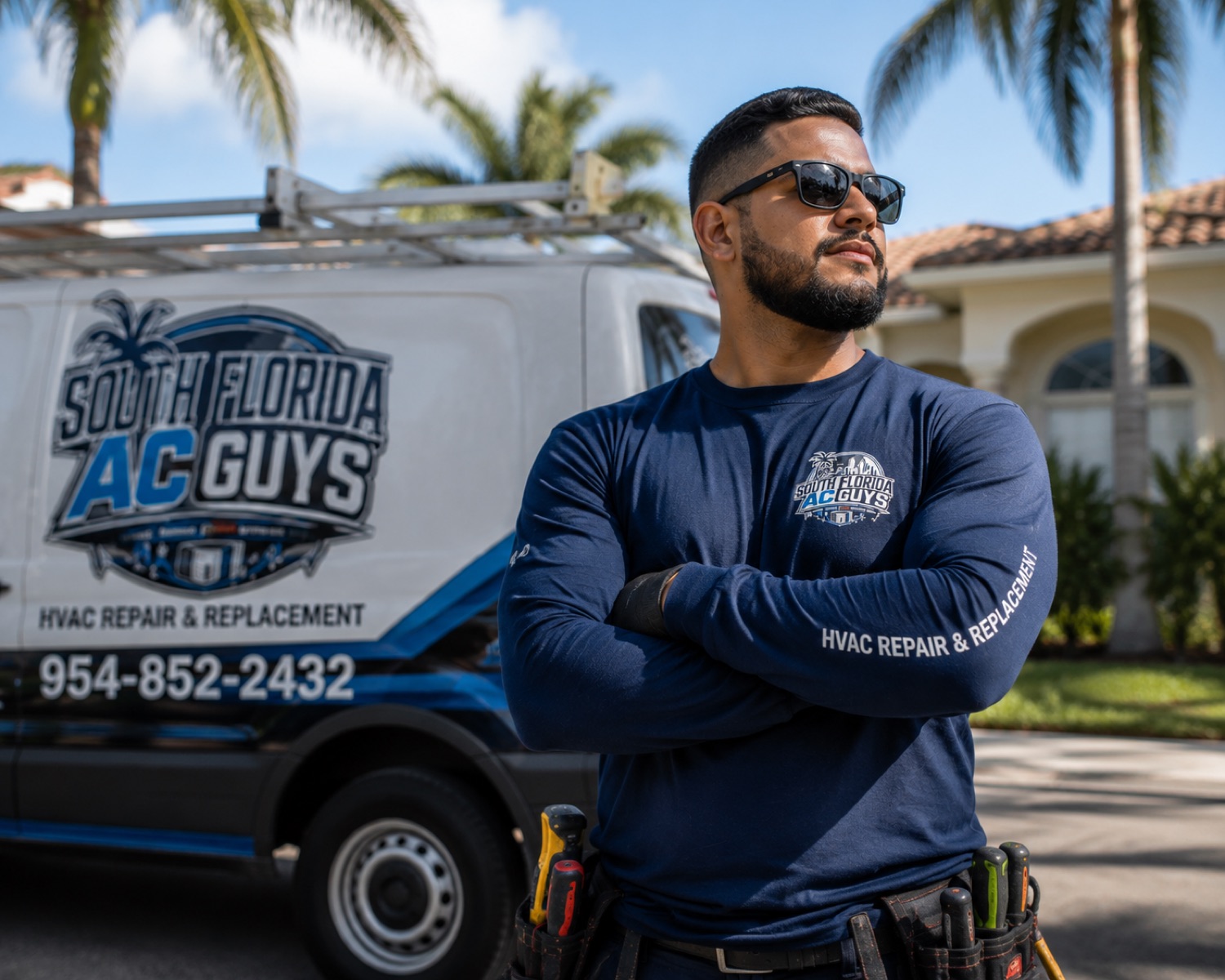 South Florida AC Guys technician with a branded service van outside a South Florida home